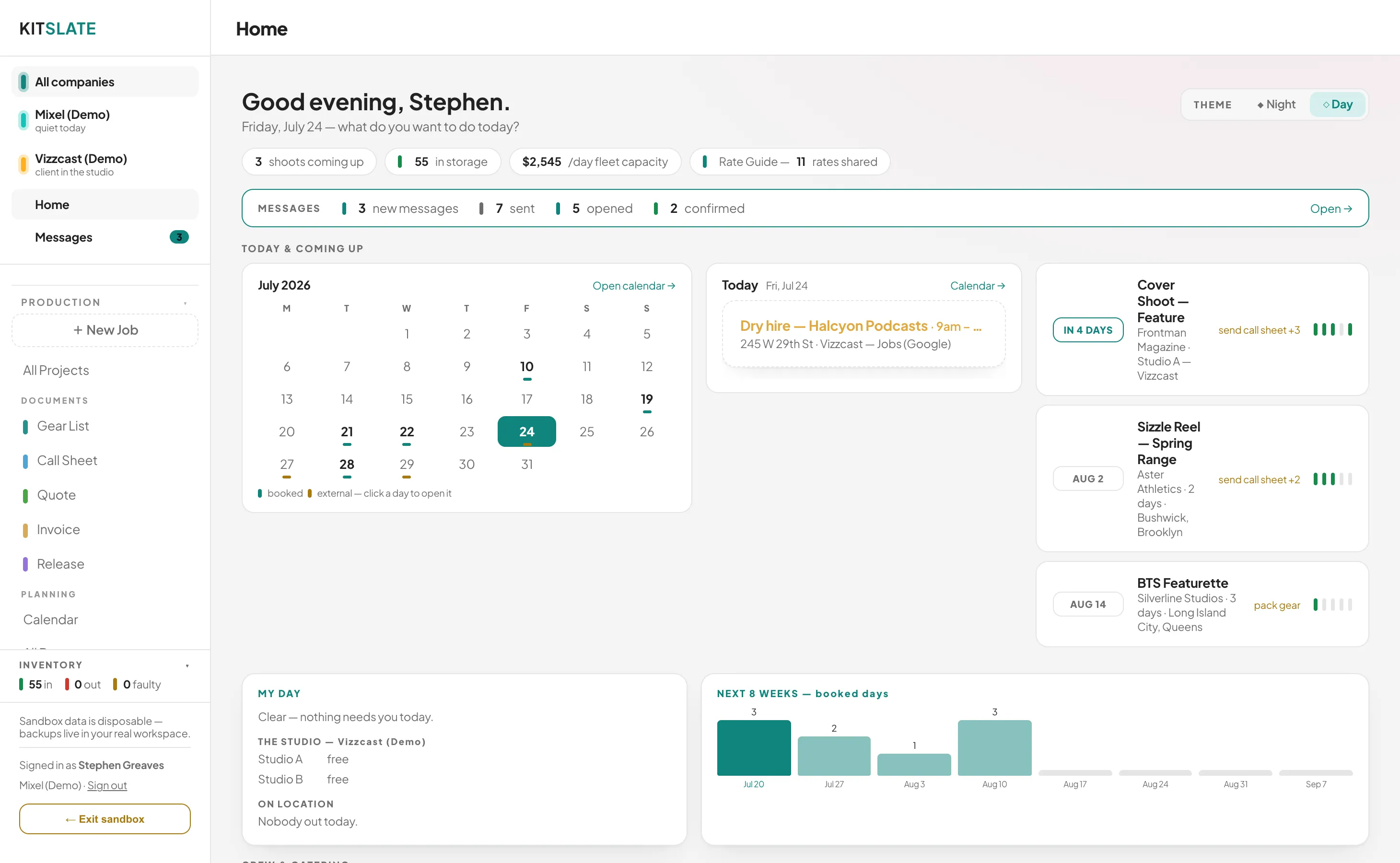 KitSlate Home dashboard showing shoots, deadlines, a calendar and a live messages tally