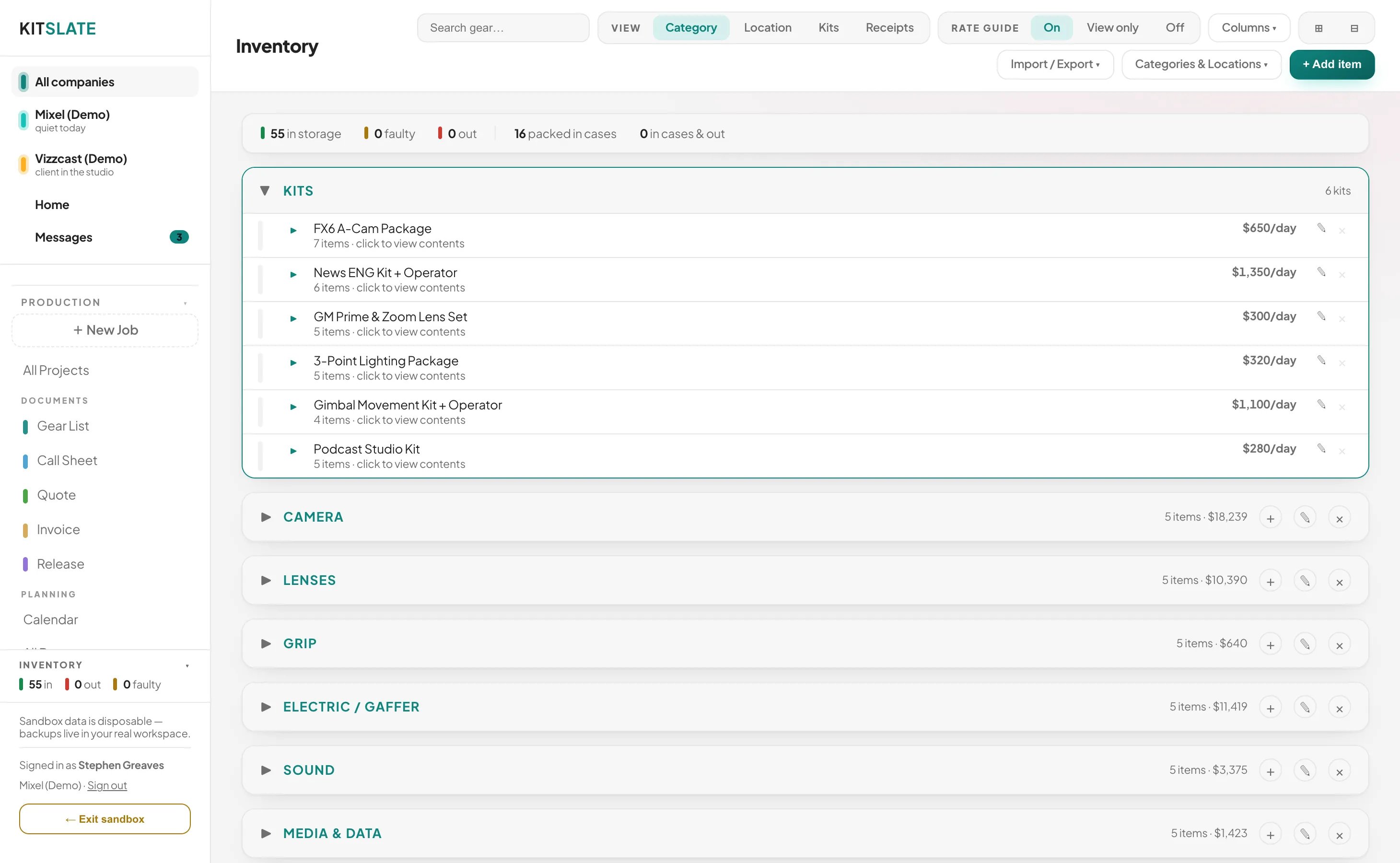 The inventory: reusable kits and gear grouped by category with day rates and case locations