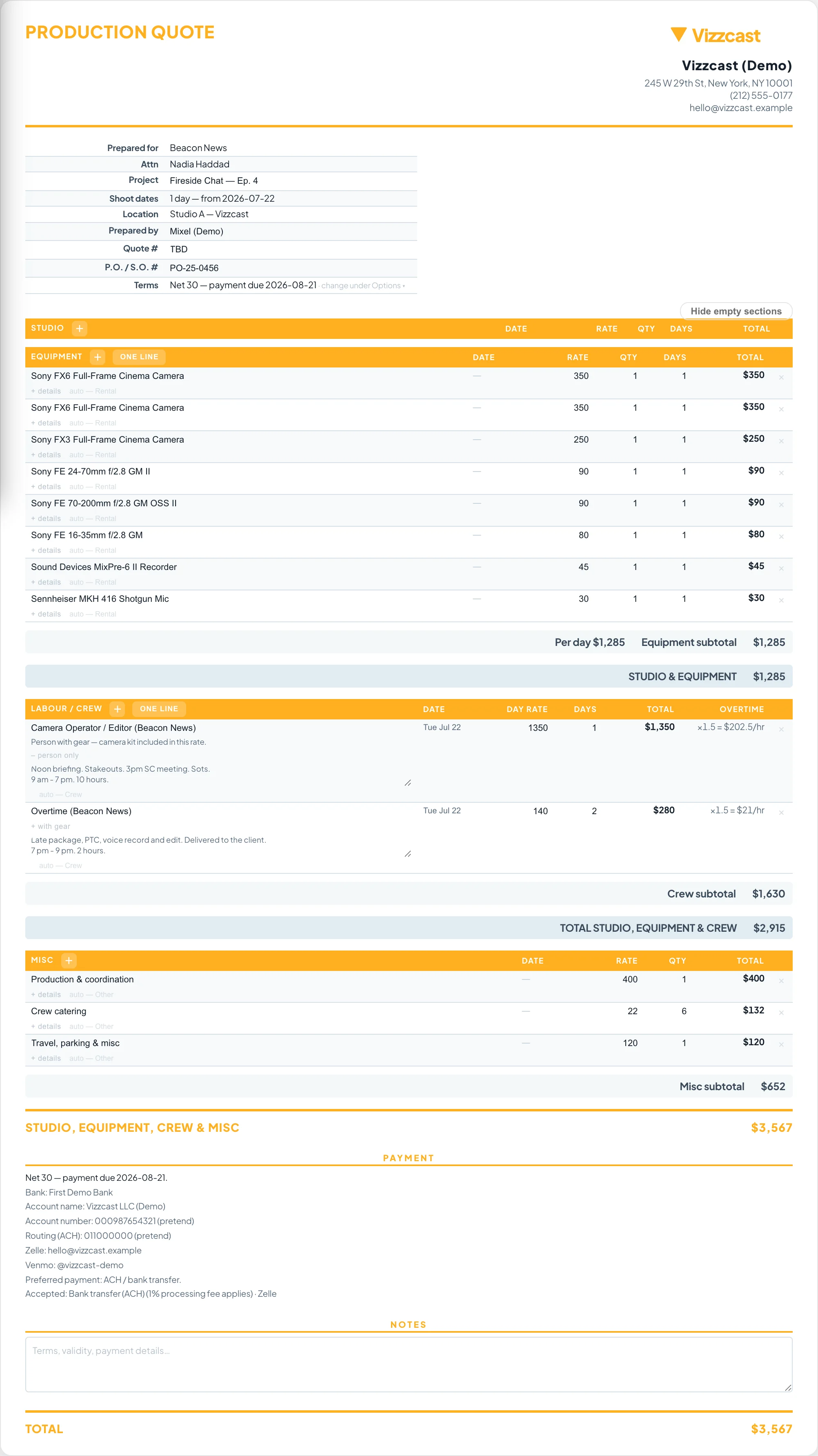 A branded production quote — equipment and crew line items, subtotals, total and payment terms on one page