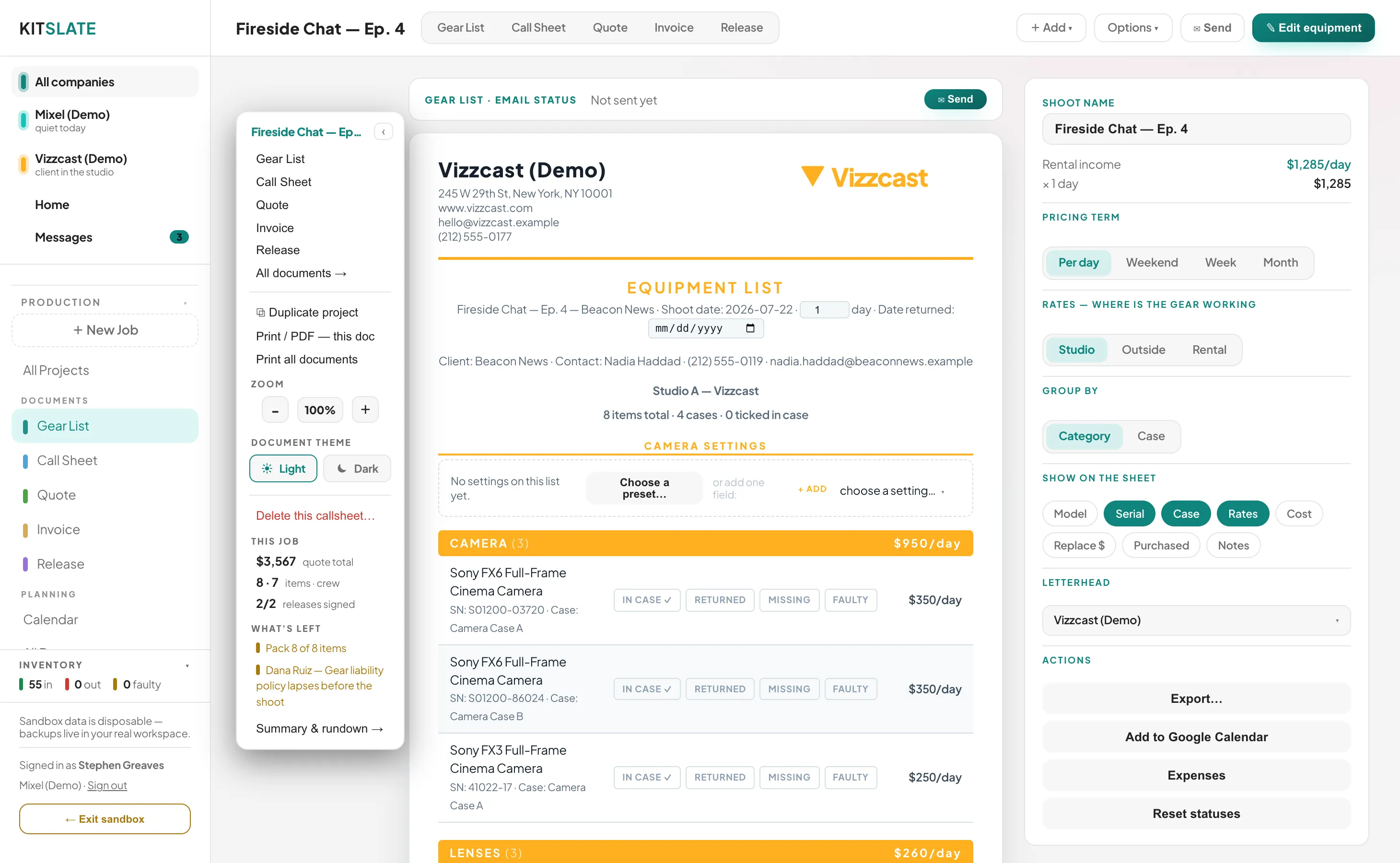 The call sheet editor in the app — document tabs, per-recipient delivery tracking, catering and the editable sheet
