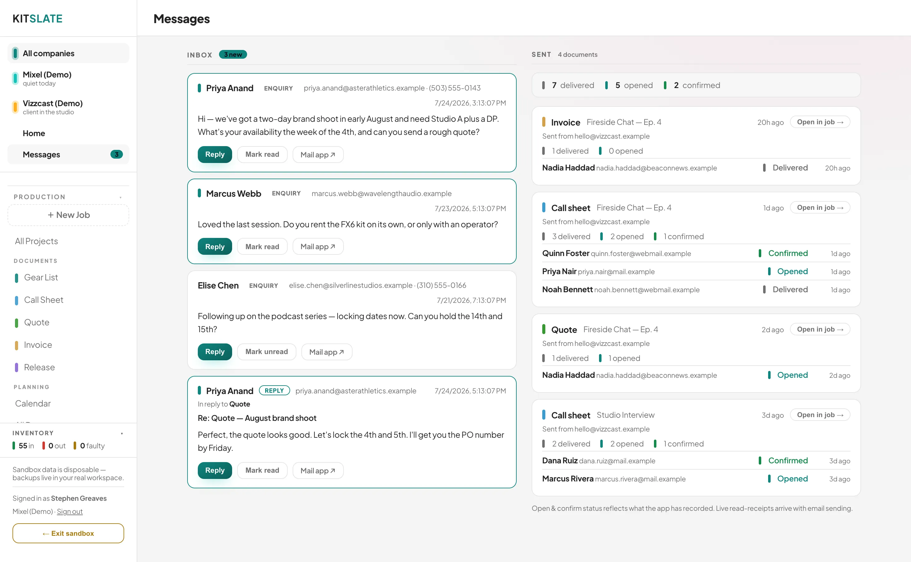 The Messages inbox — enquiries in on the left, sent documents with per-recipient open and confirm status on the right