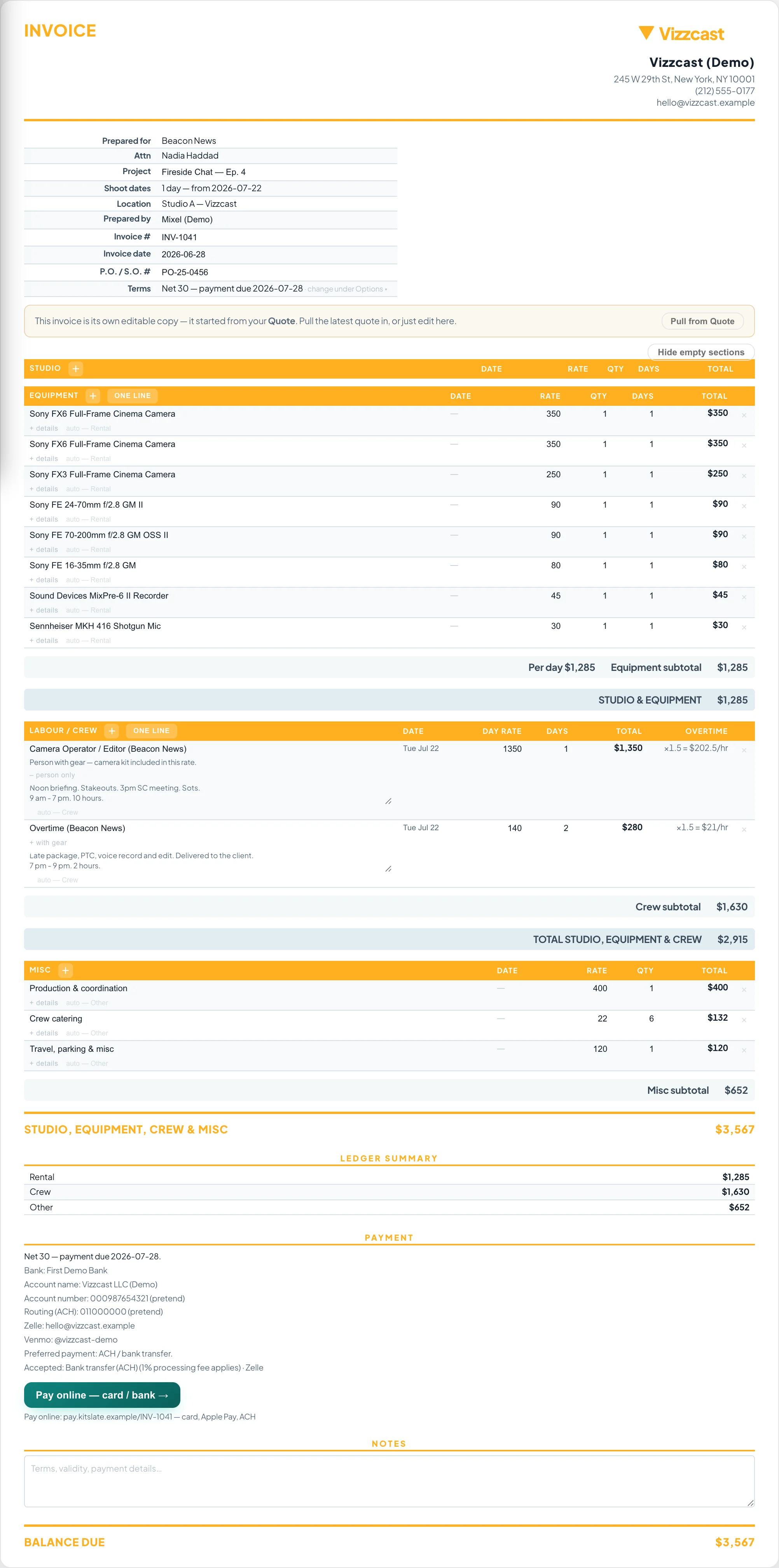 A numbered, dated invoice frozen from the accepted quote, with payment terms