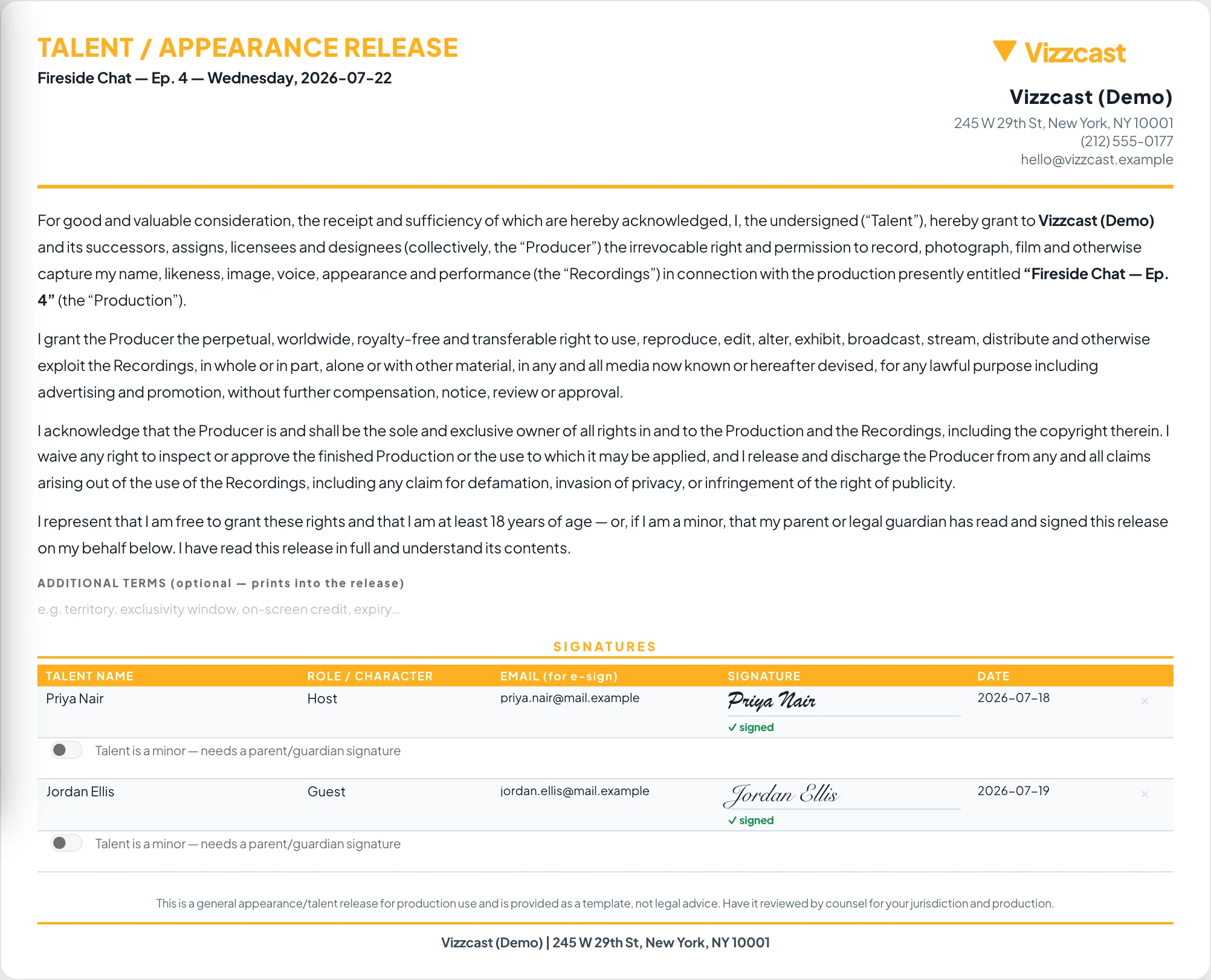 A talent appearance release with per-signer signature rows and minor flags