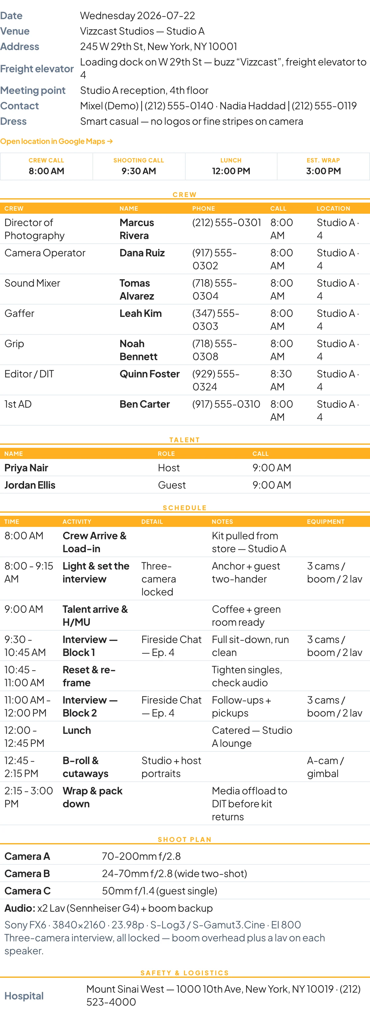 The call sheet email a crew member receives — the full sheet in the body with a Confirm button at the foot