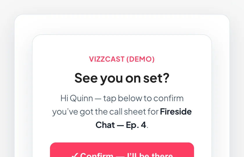 The one-tap confirm page a crew member sees, with a Confirm — I'll be there button