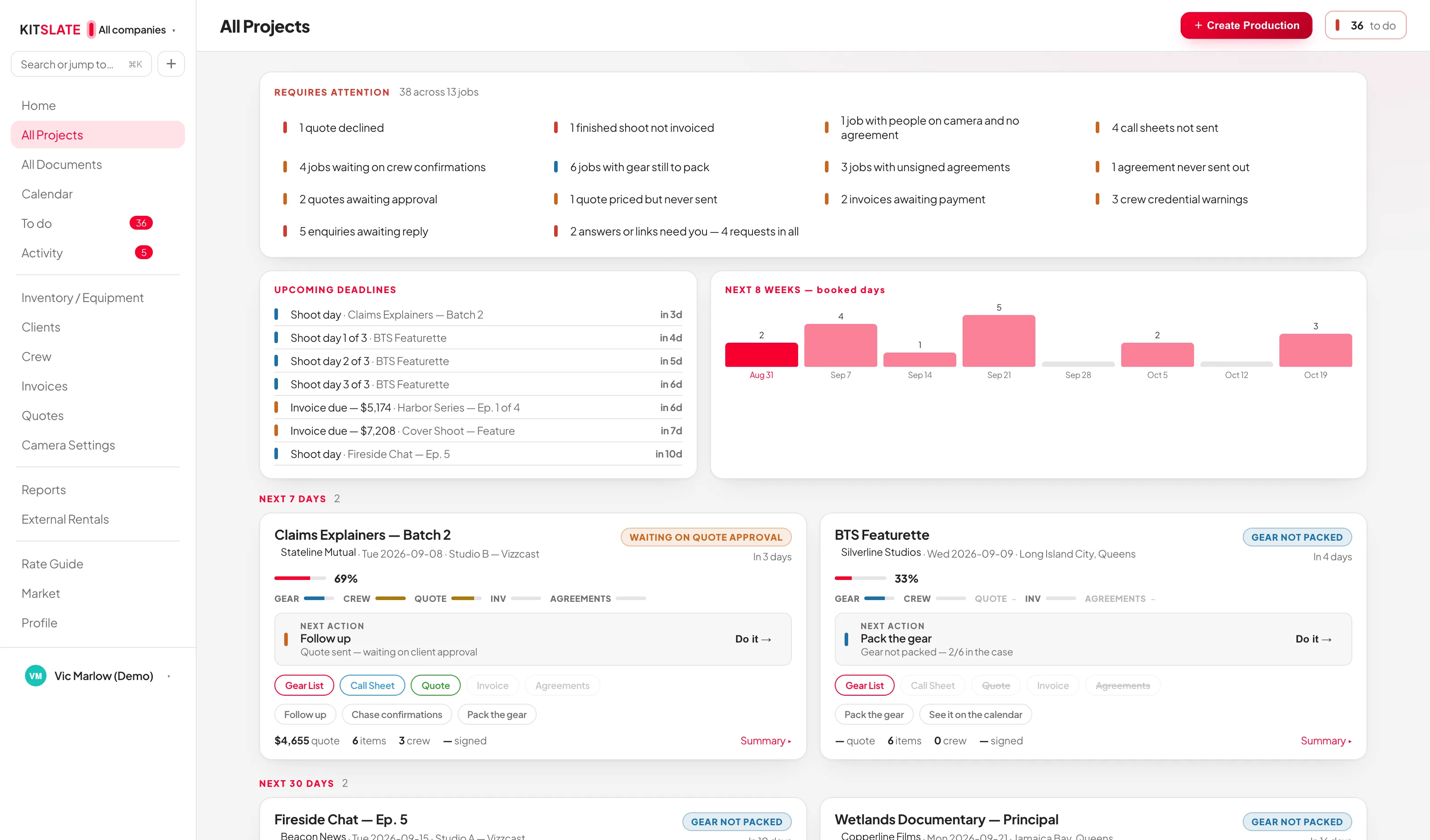 The KitSlate projects dashboard listing every job with its progress, next action and a button that performs it