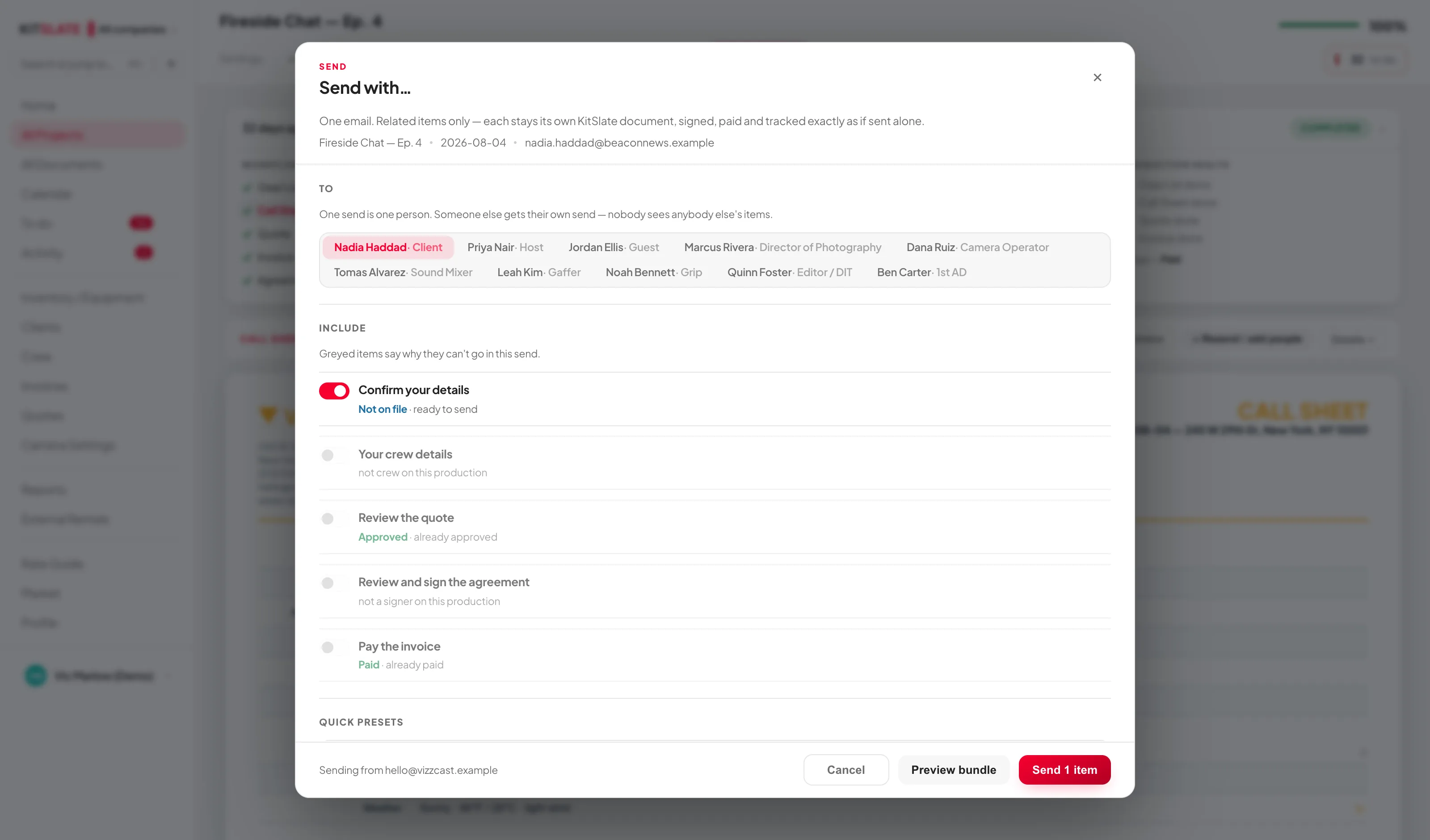 The Send with… dialog over a production: the people on the job to choose from, then a switch per item — confirm your details, review the quote, review and sign the agreement, pay the invoice — with greyed rows saying why an item cannot go, and a Send 1 item button